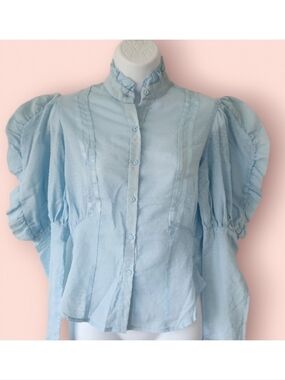 Rare Vintage 70s Puff Sleeves Button Down Shirt Blue Size M
